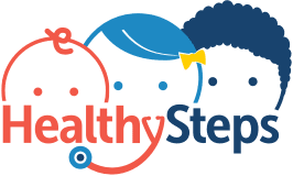 Logo with three stylized faces in blue. The first face has a curl, the second has a bow, and the third has hair. The text Healthy Steps is written below in red and blue, with part of a stethoscope forming the letter H.